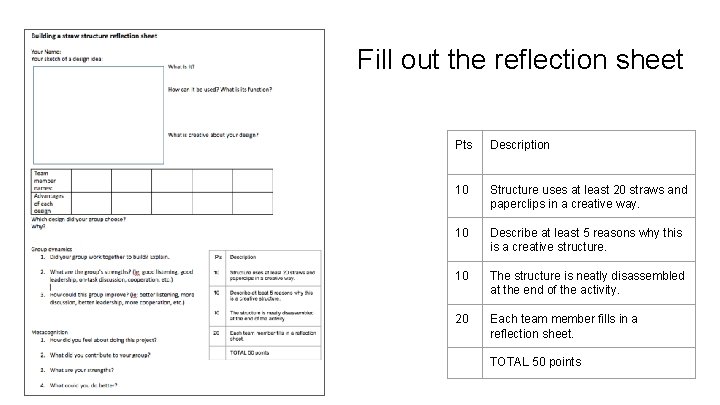 Fill out the reflection sheet Pts Description 10 Structure uses at least 20 straws