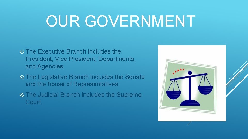 OUR GOVERNMENT The Executive Branch includes the President, Vice President, Departments, and Agencies. The