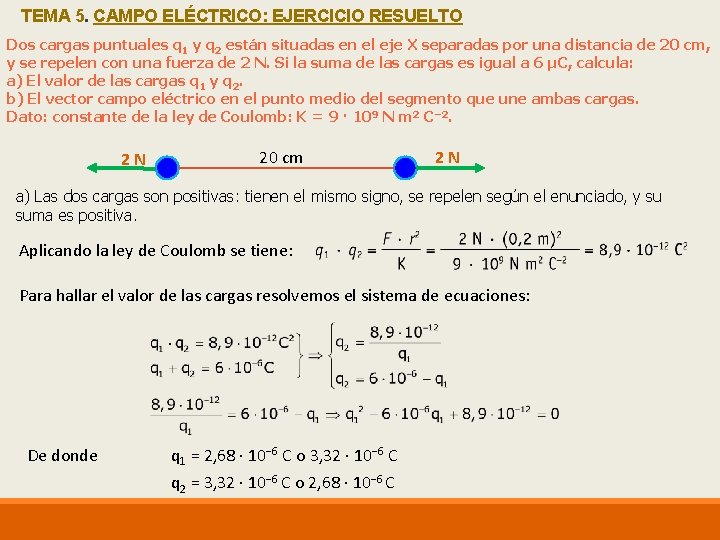 TEMA 5. CAMPO ELÉCTRICO: EJERCICIO RESUELTO Dos cargas puntuales q 1 y q 2