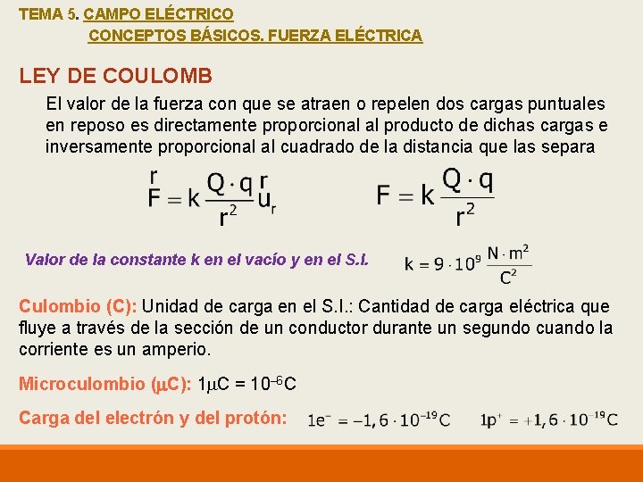 TEMA 5. CAMPO ELÉCTRICO CONCEPTOS BÁSICOS. FUERZA ELÉCTRICA LEY DE COULOMB El valor de