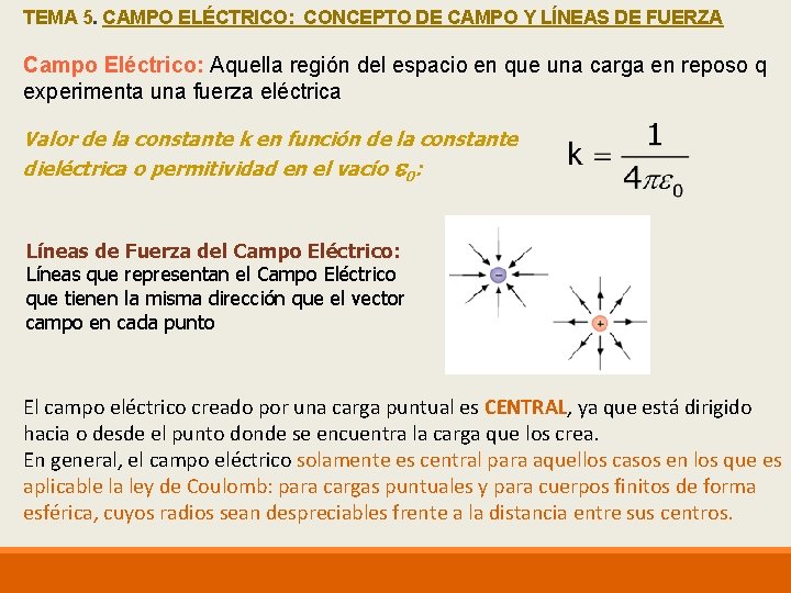 TEMA 5. CAMPO ELÉCTRICO: CONCEPTO DE CAMPO Y LÍNEAS DE FUERZA Campo Eléctrico: Aquella