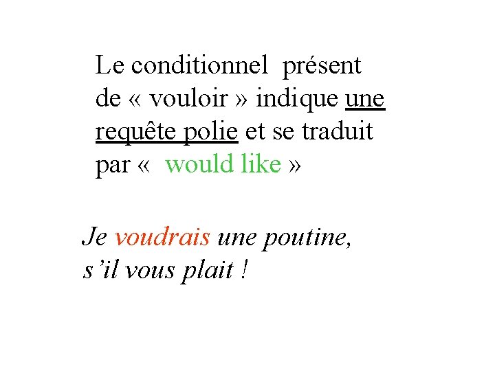 Le conditionnel présent de « vouloir » indique une requête polie et se traduit