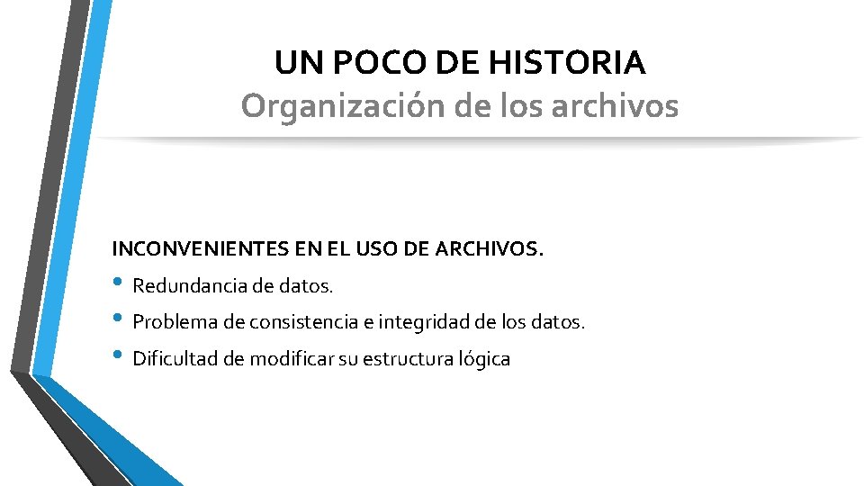 UN POCO DE HISTORIA Organización de los archivos INCONVENIENTES EN EL USO DE ARCHIVOS.