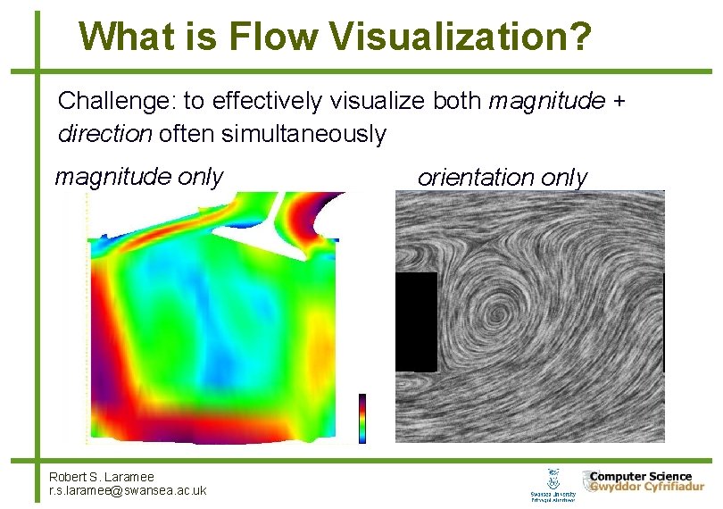 What is Flow Visualization? Challenge: to effectively visualize both magnitude + direction often simultaneously What is Flow Visualization? Challenge: to effectively visualize both magnitude + direction often simultaneously
