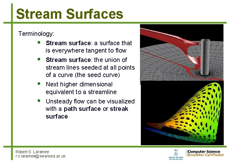 Stream Surfaces Terminology: Stream surface: a surface that is everywhere tangent to flow Stream Stream Surfaces Terminology: Stream surface: a surface that is everywhere tangent to flow Stream