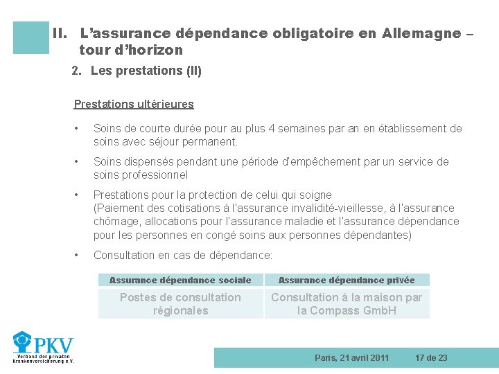 II. L’assurance dépendance obligatoire en Allemagne – tour d’horizon 2. Les prestations (II) Prestations