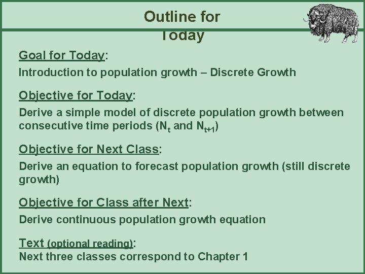 Outline for Today Goal for Today: Introduction to population growth – Discrete Growth Objective