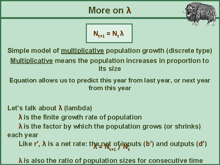 More on λ Nt+1 = Nt λ Simple model of multiplicative population growth (discrete