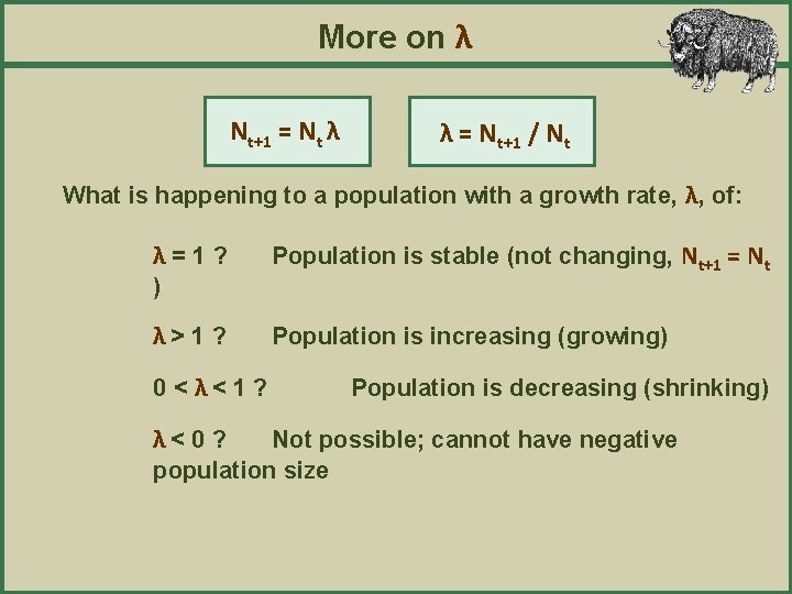 More on λ Nt+1 = Nt λ λ = Nt+1 / Nt What is