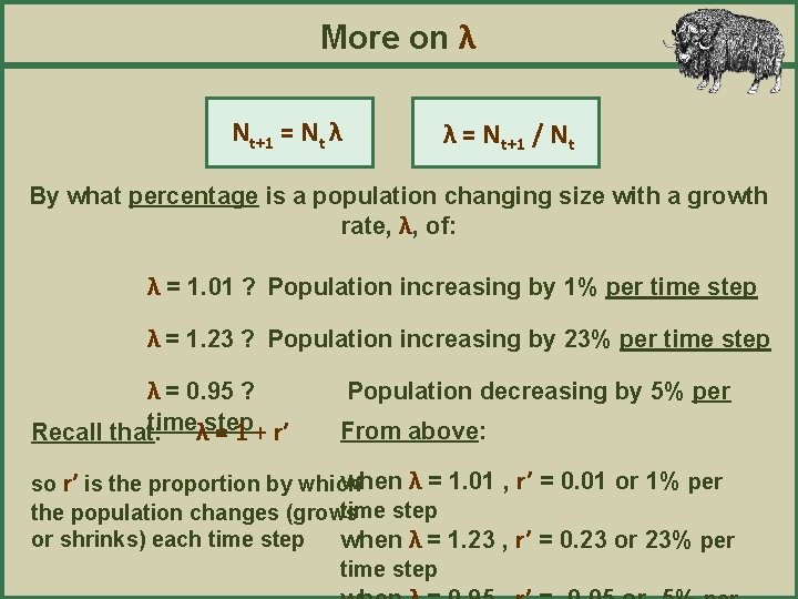 More on λ Nt+1 = Nt λ λ = Nt+1 / Nt By what