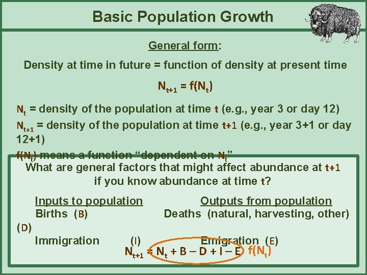 Basic Population Growth General form: Density at time in future = function of density