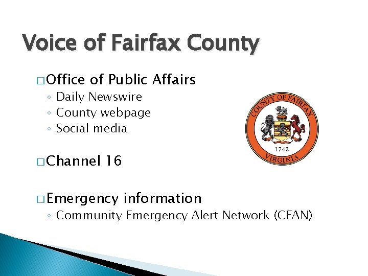 Voice of Fairfax County � Office of Public Affairs ◦ Daily Newswire ◦ County