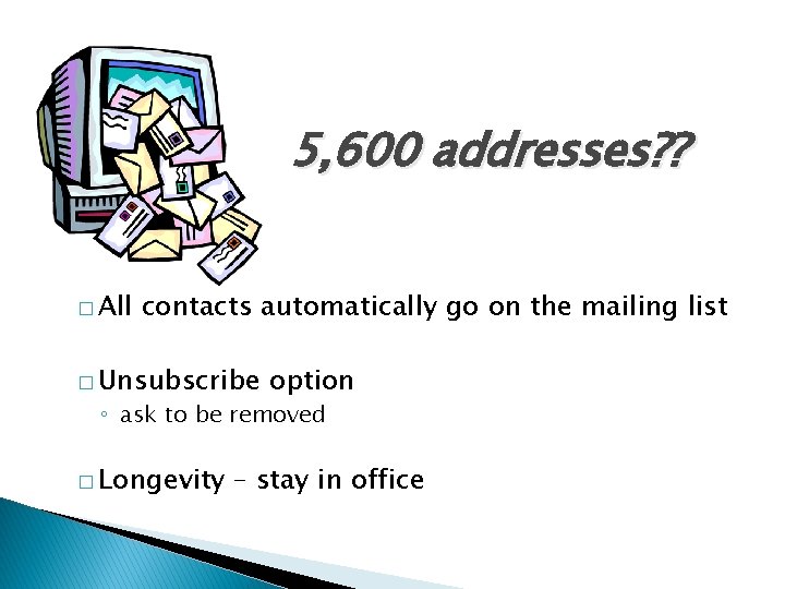 5, 600 addresses? ? � All contacts automatically go on the mailing list �
