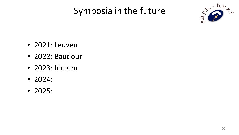 Symposia in the future • • • 2021: Leuven 2022: Baudour 2023: Iridium 2024: