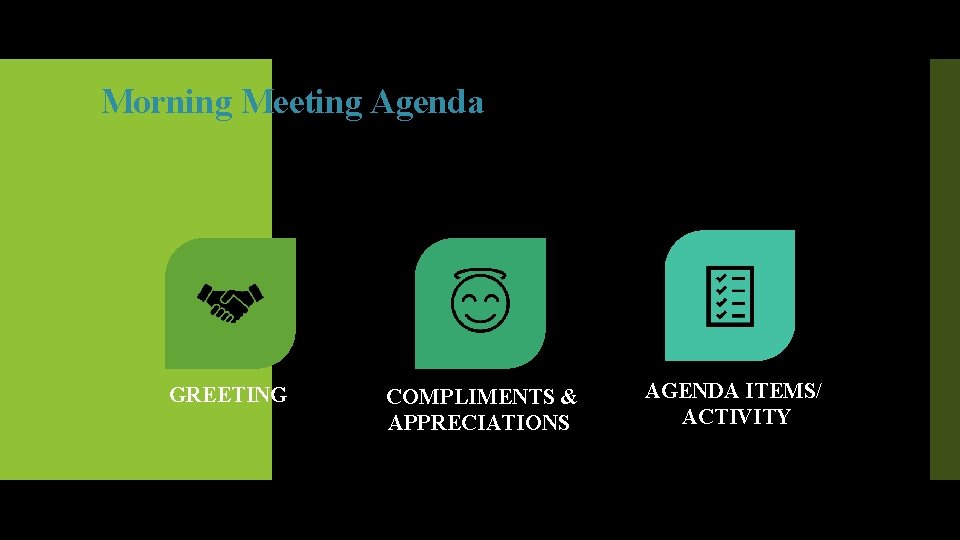 Morning Meeting Agenda GREETING COMPLIMENTS & APPRECIATIONS AGENDA ITEMS/ ACTIVITY 