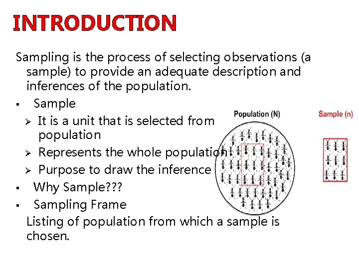 INTRODUCTION Sampling is the process of selecting observations (a sample) to provide an adequate