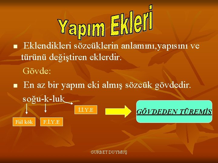 n n Eklendikleri sözcüklerin anlamını, yapısını ve türünü değiştiren eklerdir. Gövde: En az bir