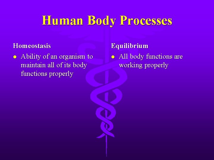 Human Body Processes Homeostasis l Ability of an organism to maintain all of its