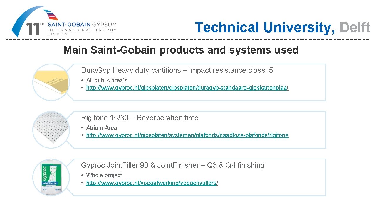 Technical University, Delft Main Saint-Gobain products and systems used Dura. Gyp Heavy duty partitions