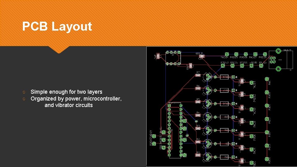 PCB Layout ○ Simple enough for two layers ○ Organized by power, microcontroller, and