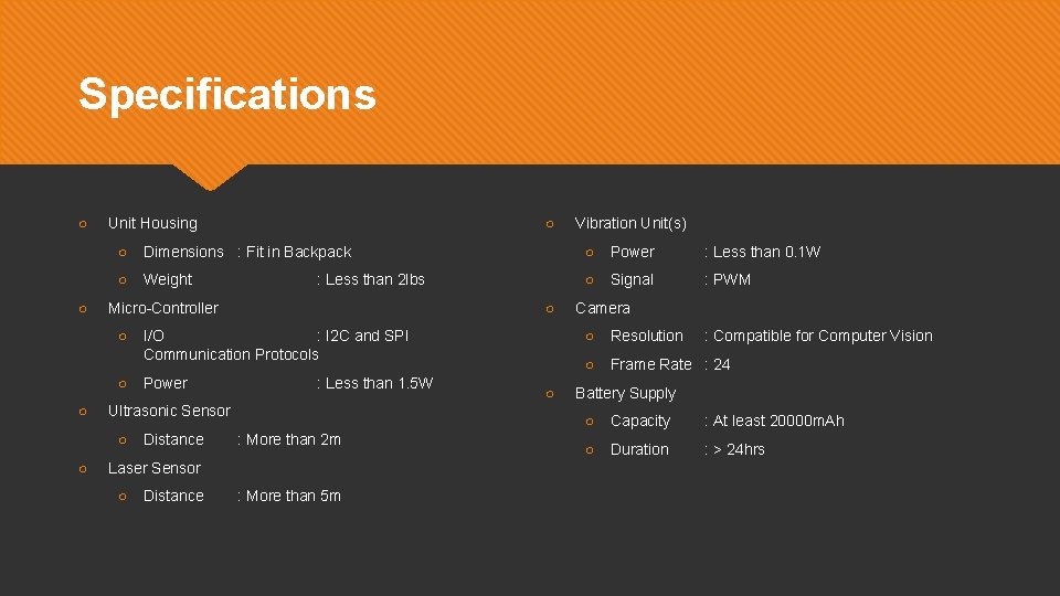 Specifications ○ ○ Unit Housing Dimensions : Fit in Backpack ○ Power : Less