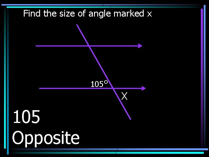 Find the size of angle marked x 105° X 105 Opposite 