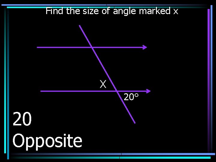 Find the size of angle marked x X 20° 20 Opposite 