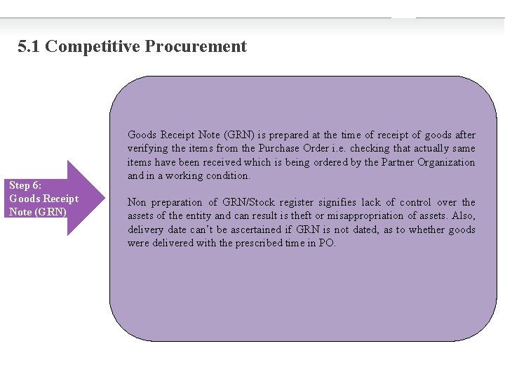5. 1 Competitive Procurement Step 6: Goods Receipt Note (GRN) is prepared at the
