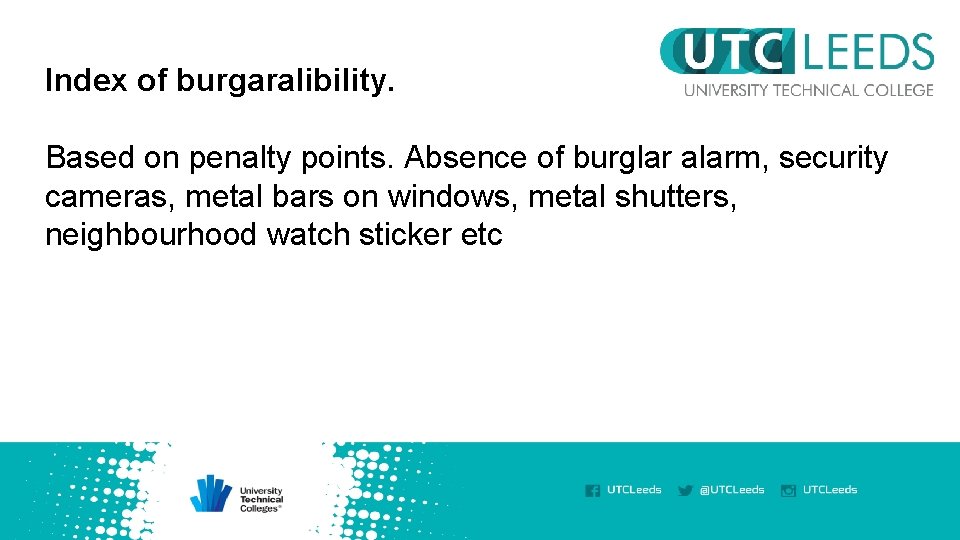 Index of burgaralibility. Based on penalty points. Absence of burglar alarm, security cameras, metal