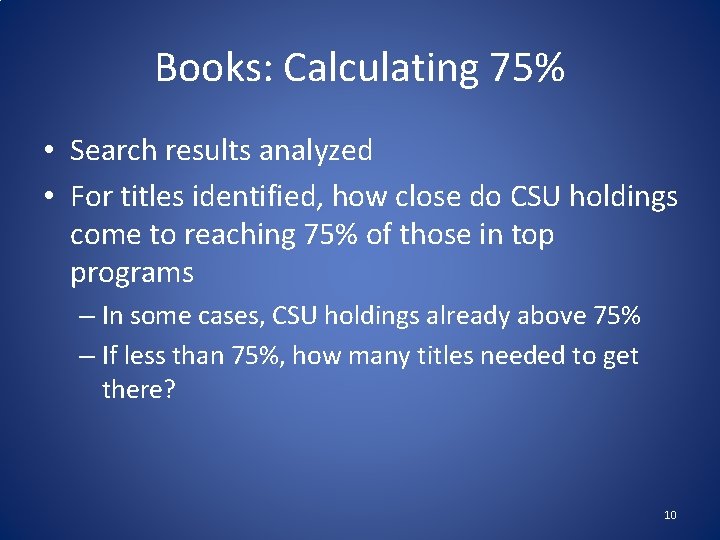 Books: Calculating 75% • Search results analyzed • For titles identified, how close do