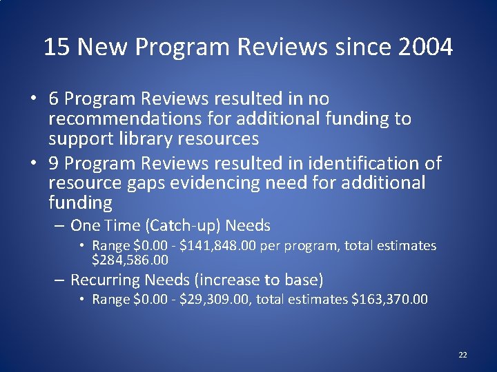 15 New Program Reviews since 2004 • 6 Program Reviews resulted in no recommendations