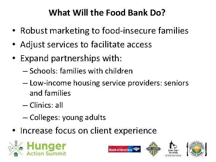 What Will the Food Bank Do? • Robust marketing to food-insecure families • Adjust