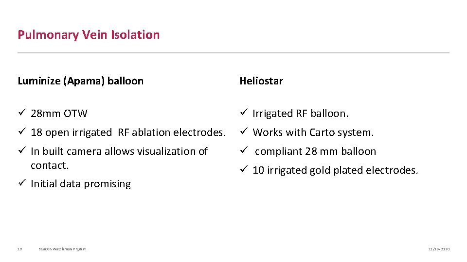 Pulmonary Vein Isolation Luminize (Apama) balloon Heliostar ü 28 mm OTW ü Irrigated RF