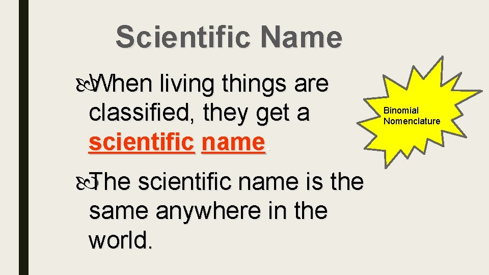 Scientific Name When living things are classified, they get a scientific name. The scientific