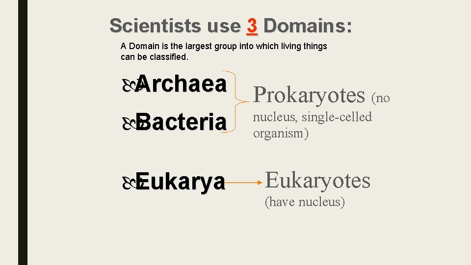 Scientists use 3 Domains: A Domain is the largest group into which living things