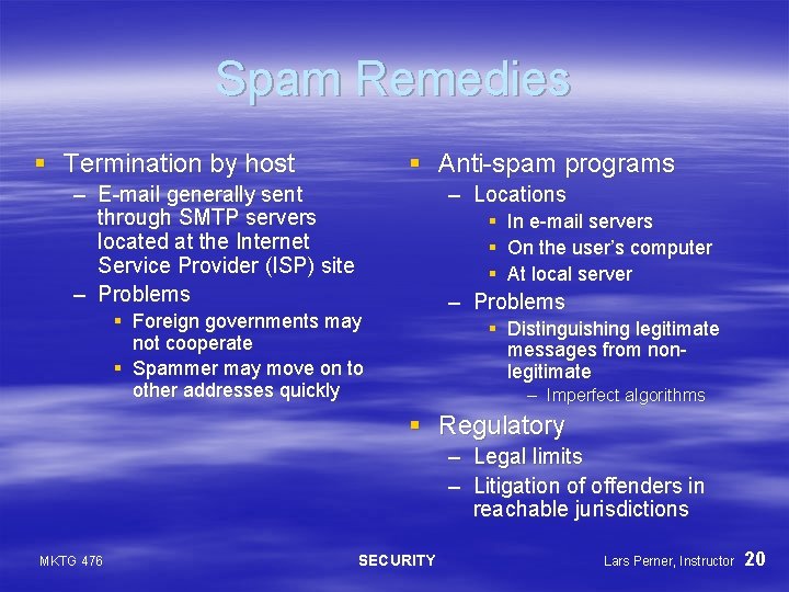 Spam Remedies § Termination by host § Anti-spam programs – E-mail generally sent through