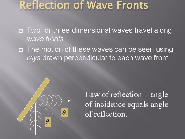 Reflection of Wave Fronts Two- or three-dimensional waves travel along wave fronts. The motion