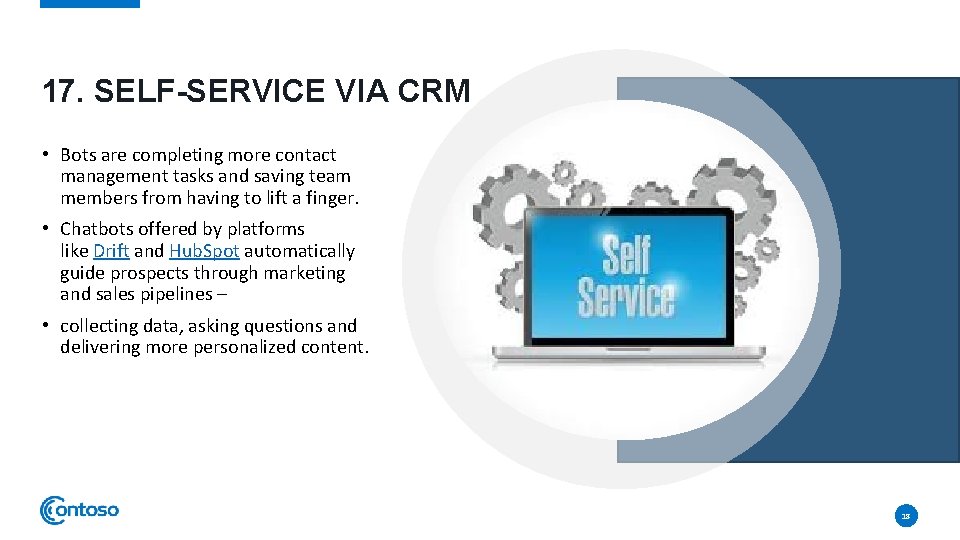 17. SELF-SERVICE VIA CRM • Bots are completing more contact management tasks and saving