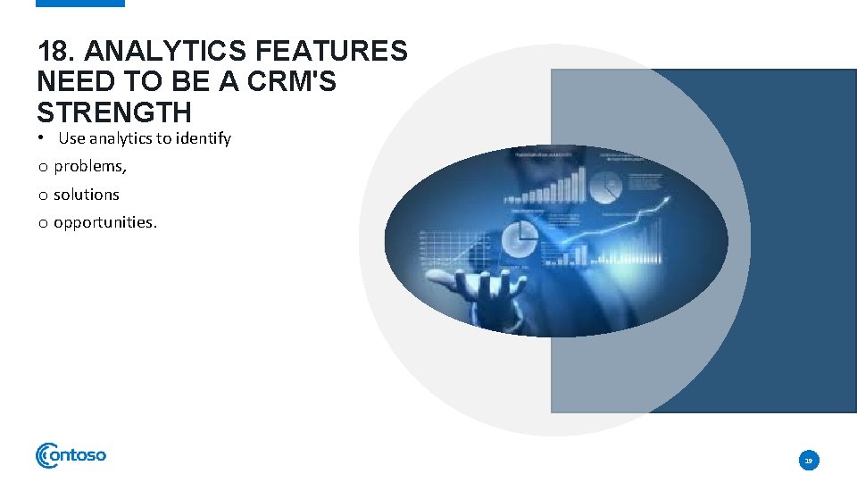 18. ANALYTICS FEATURES NEED TO BE A CRM'S STRENGTH • Use analytics to identify