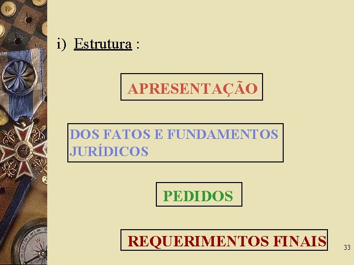 i) Estrutura : APRESENTAÇÃO DOS FATOS E FUNDAMENTOS JURÍDICOS PEDIDOS REQUERIMENTOS FINAIS 33 