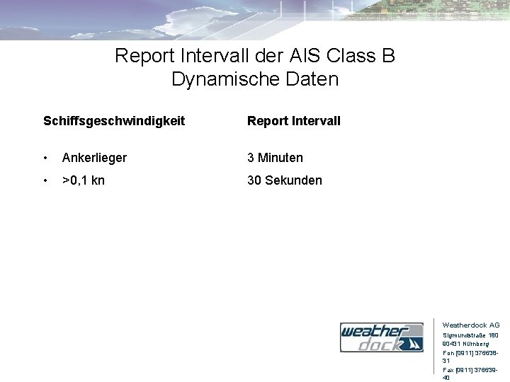 Report Intervall der AIS Class B Dynamische Daten Schiffsgeschwindigkeit Report Intervall • Ankerlieger 3