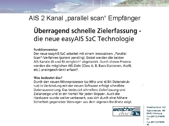 AIS 2 Kanal „parallel scan“ Empfänger Weatherdock AG Sigmundstraße 180 90431 Nürnberg Fon [0911]