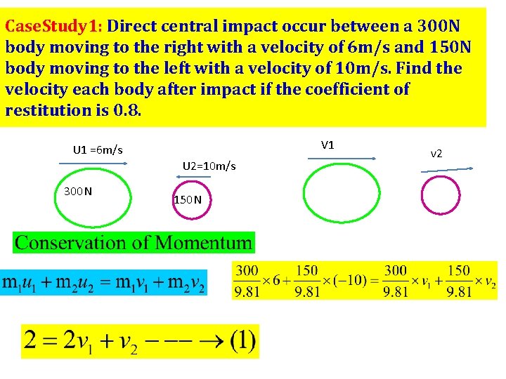 Case. Study 1: Direct central impact occur between a 300 N body moving to