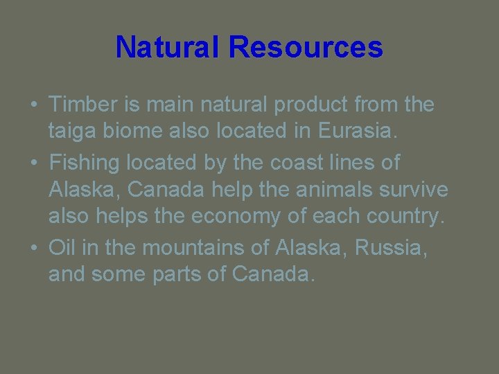 Natural Resources • Timber is main natural product from the taiga biome also located