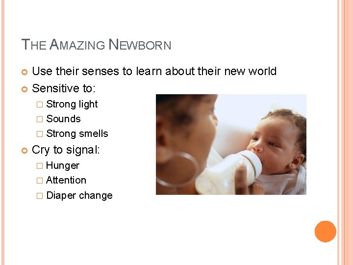 THE AMAZING NEWBORN Use their senses to learn about their new world Sensitive to: