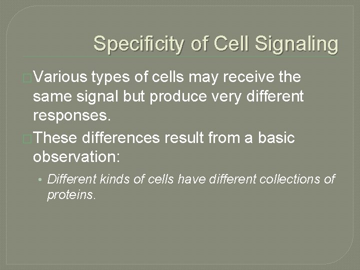 Specificity of Cell Signaling �Various types of cells may receive the same signal but