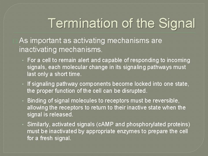 Termination of the Signal � As important as activating mechanisms are inactivating mechanisms. •