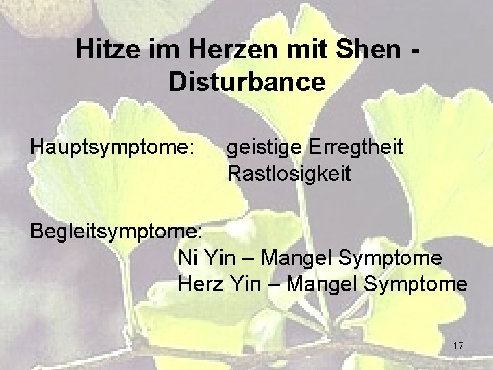Hitze im Herzen mit Shen Disturbance Hauptsymptome: geistige Erregtheit Rastlosigkeit Begleitsymptome: Ni Yin –