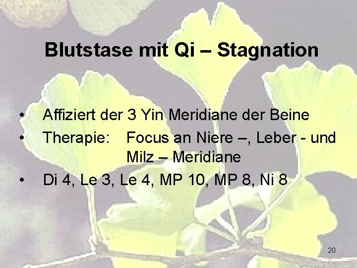 Blutstase mit Qi – Stagnation • • • Affiziert der 3 Yin Meridiane der