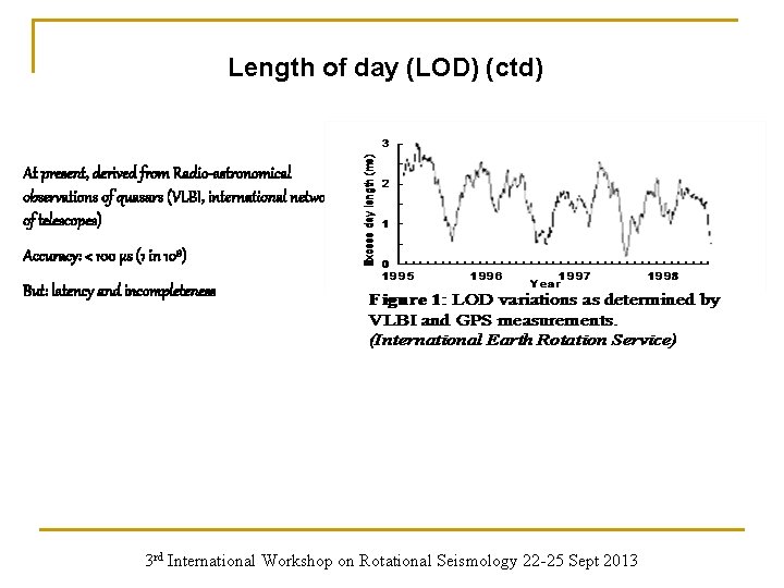 Length of day (LOD) (ctd) At present, derived from Radio-astronomical observations of quasars (VLBI,